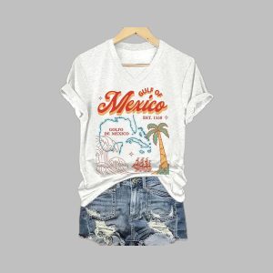 V-neck Retro Gulf Of Mexico Est.1550 Print T-Shirt