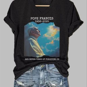 Womens 1936 2025 God Never Tires Of Forgiving Us Printed Short Sleeved T Shirt 3