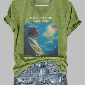 Womens 1936 2025 God Never Tires Of Forgiving Us Printed Short Sleeved T Shirt 4