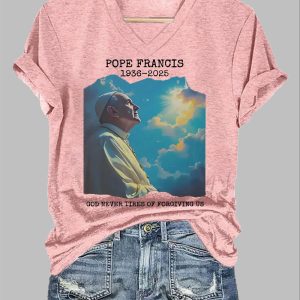 Womens 1936 2025 God Never Tires Of Forgiving Us Printed Short Sleeved T Shirt 5