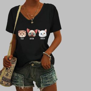 Women’s Animal FDT Cat Printed V-Neck T-Shirt