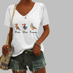 Women’s Animal FDT Flicker Dodo Titmouse Printed V-Neck T-Shirt