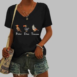Women's Animal FDT Flicker Dodo Titmouse Printed V-Neck T-Shirt 2 Womens Animal FDT Flicker Dodo Titmouse Printed V Neck T Shirt 3