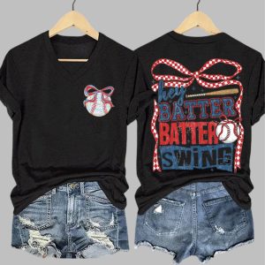 Womens Baseball Printed V Neck T Shirt 3