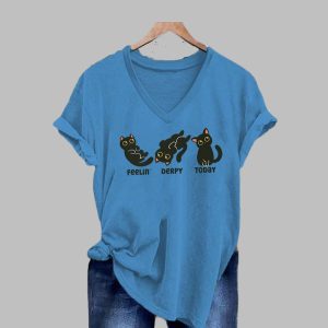 Women’s Black Cat Feelin Derpy Today Print T-Shirt