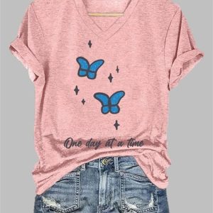 Women’s Butterfly One Day At A Time Printed V Neck T-shirt Women’s Butterfly One Day At A Time Printed V Neck T-shirt