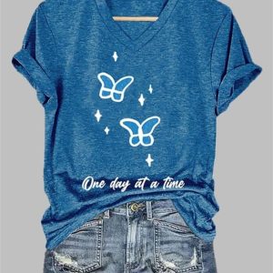 Women’s Butterfly One Day At A Time Printed V Neck T-shirt
