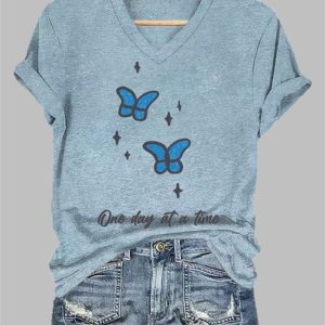 Women's Butterfly One Day At A Time Printed V Neck T-shirt 2 Womens Butterfly One Day At A Time Printed V Neck T shirt 3