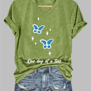 Women's Butterfly One Day At A Time Printed V Neck T-shirt 3 Womens Butterfly One Day At A Time Printed V Neck T shirt 4
