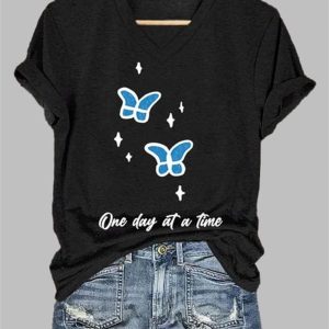 Women's Butterfly One Day At A Time Printed V Neck T-shirt 4 Womens Butterfly One Day At A Time Printed V Neck T shirt 5