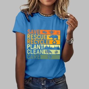 Women’s Earth Day Save Rescue Recycle Plant Clean Care Printed T-Shirt