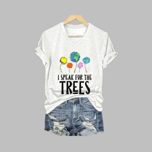 Women’s Earth Day Speak for The Trees Print V-Neck T-Shirt Women’s Earth Day Speak for The Trees Print V-Neck T-Shirt