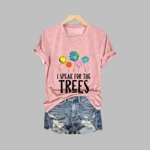 Women's Earth Day Speak for The Trees Print V-Neck T-Shirt 2 Womens Earth Day Speak for The Trees Print V Neck T Shirt 3