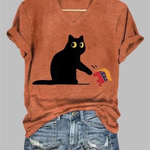 Women’s FDT Black Cat Print V-Neck T-Shirt Women’s FDT Black Cat Print V-Neck T-Shirt