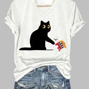 Women’s FDT Black Cat Print V-Neck T-Shirt