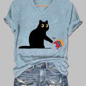 Women's FDT Black Cat Print V-Neck T-Shirt 2 Womens FDT Black Cat Print V Neck T Shirt 3