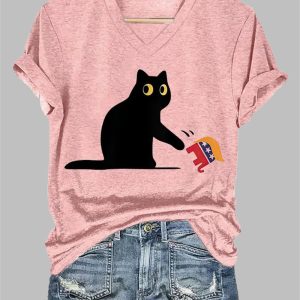 Women's FDT Black Cat Print V-Neck T-Shirt 3 Womens FDT Black Cat Print V Neck T Shirt 4