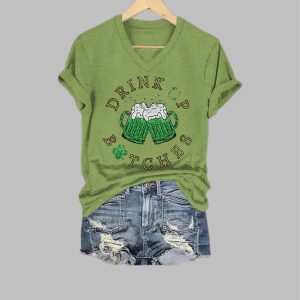 Women’s Funny St. Patrick’s Day Drink Up Bitches Green Beer Cheers Casual V-Neck Tee