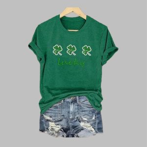 Women’s Glitter St Patrick’s Day Lucky Shamrock Print T-Shirt