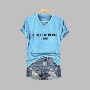 Women’s Gulf Of Mexico El Golfo De Mexico 1569 Printed V-Neck T-Shirt Women’s Gulf Of Mexico El Golfo De Mexico 1569 Printed V-Neck T-Shirt
