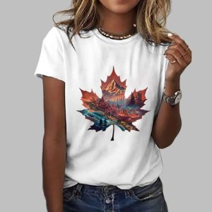 Women’s Scenic Autumn Landscape Featuring Canadian Maple Leaves Print T-Shirt