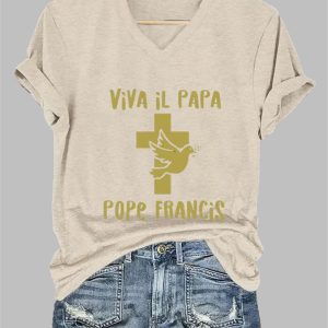 Women’s Viva il Papa Pope Francis Print Casual T-Shirt Women’s Viva il Papa Pope Francis Print Casual T-Shirt